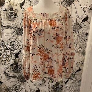 LC LAUREN CONRAD Women's Blouse Top Orange Peach Floral Print Lace Sleeve SZ XS